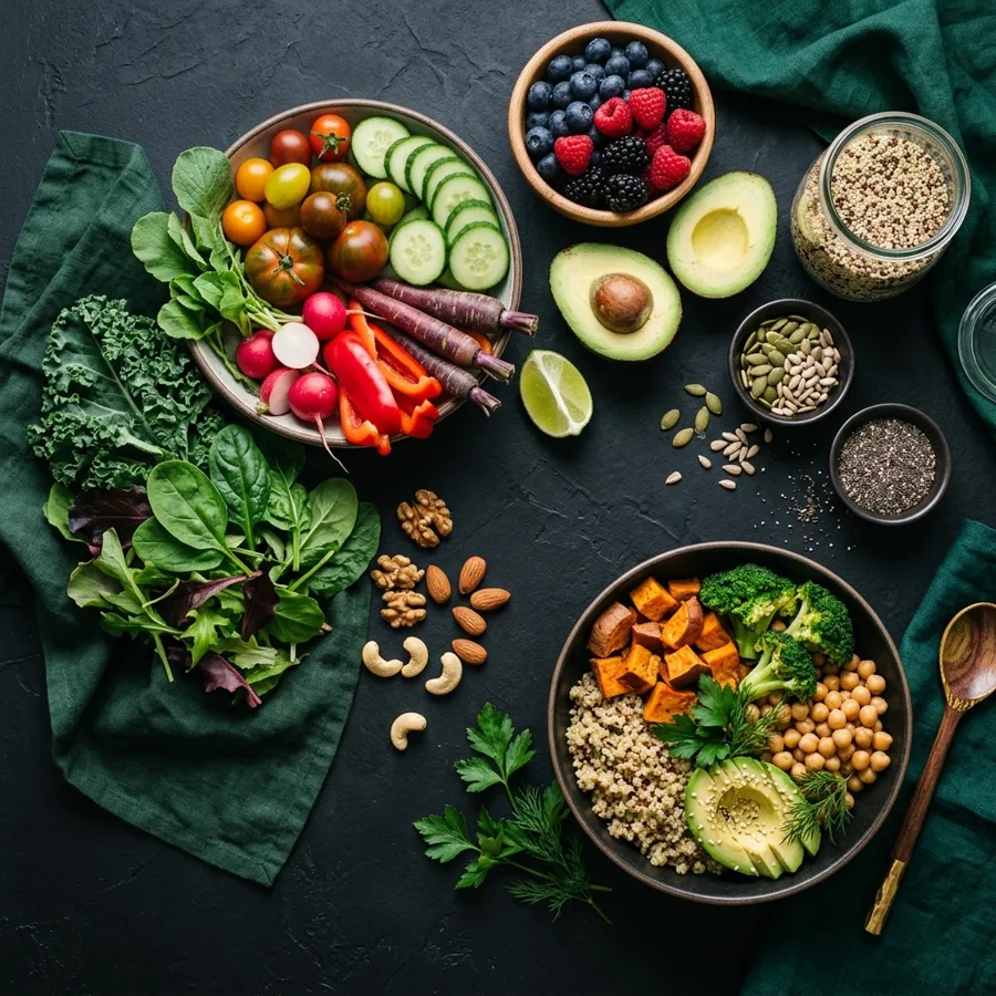 Colorful whole foods flat-lay including avocado, kale, berries and grains for nutritional coaching